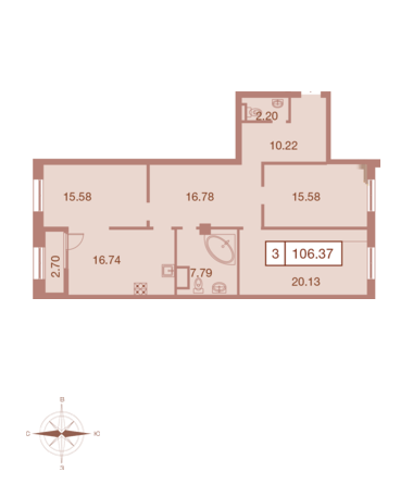 Трёхкомнатная квартира 106.37 м²