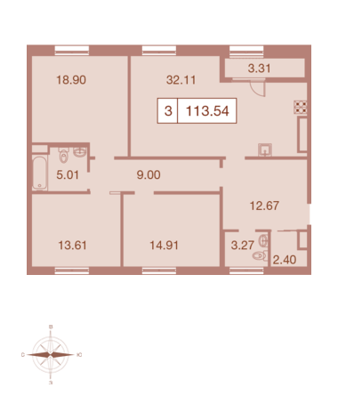 Трёхкомнатная квартира 113.54 м²