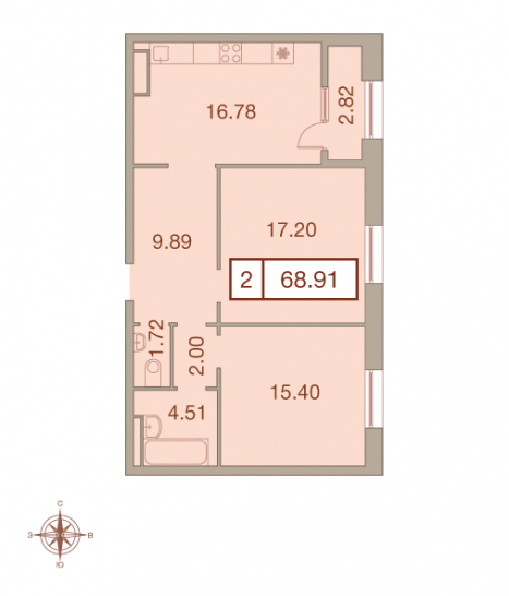 Двухкомнатная квартира 68.91 м²