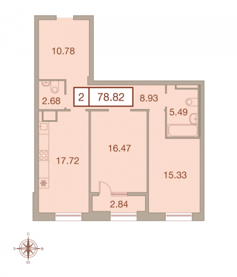 Двухкомнатная квартира 78.82 м²