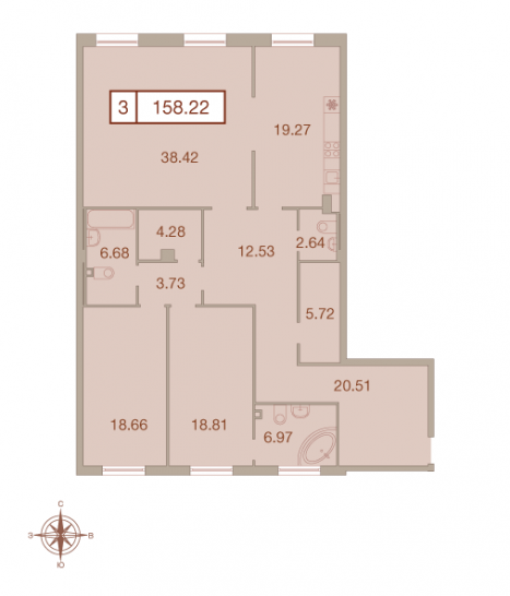 Трёхкомнатная квартира 158.22 м²