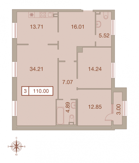 Трёхкомнатная квартира 110 м²