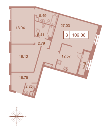 Трёхкомнатная квартира 109.08 м²