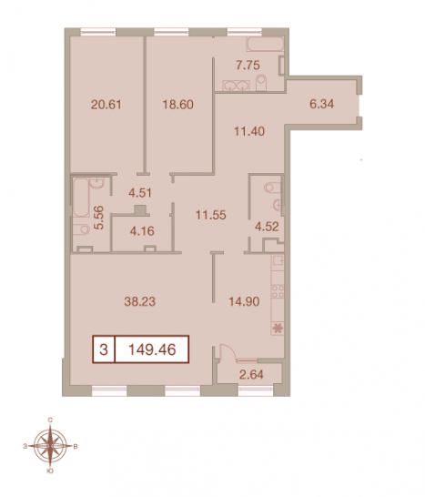 Трёхкомнатная квартира 149.46 м²