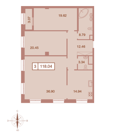 Трёхкомнатная квартира 118.04 м²