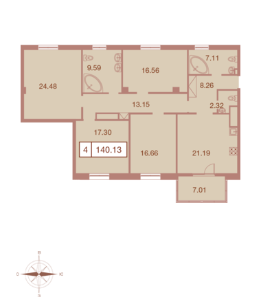Четырёхкомнатная квартира 140.13 м²