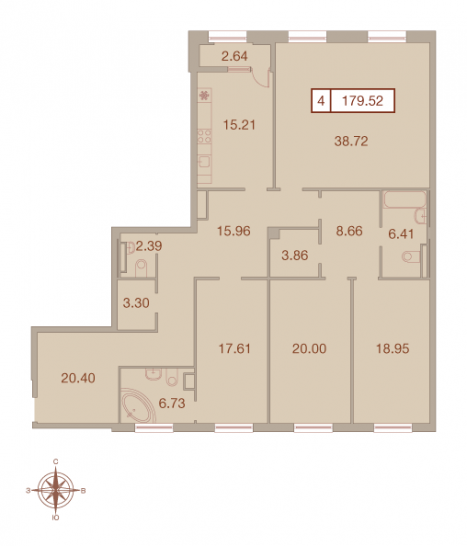 Четырёхкомнатная квартира 179.52 м²