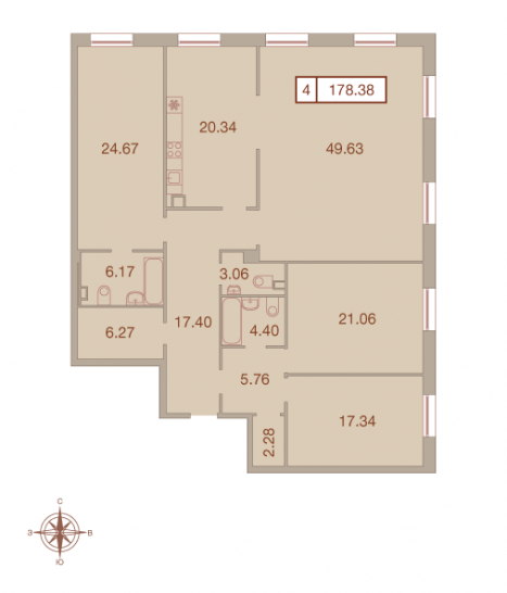 Четырёхкомнатная квартира 178.38 м²
