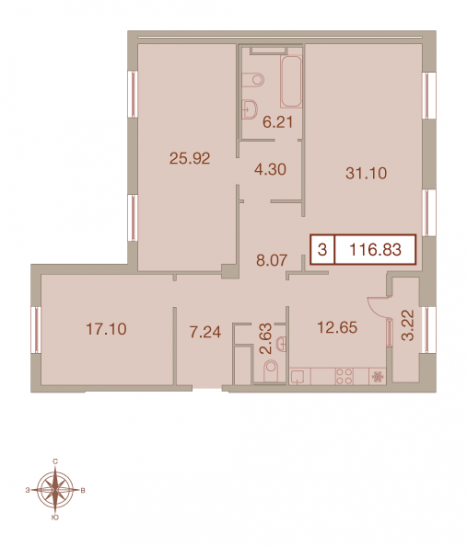 Трёхкомнатная квартира 116.83 м²