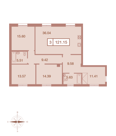 Трёхкомнатная квартира 121.15 м²