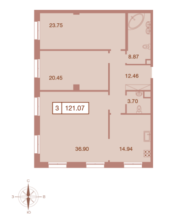 Трёхкомнатная квартира 121.07 м²