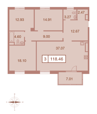 Трёхкомнатная квартира 118.46 м²